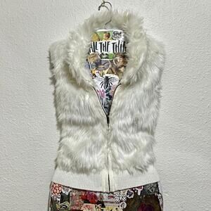 NWT Arizona Jeans Y2K 2000s White Faux Fur Knit Back Winter Zip Up Layering Vest